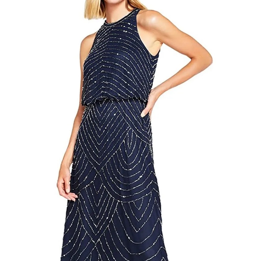 Adrianna Papell Halter Art Deco Beaded Blouson Navy Blue Dress new with defects